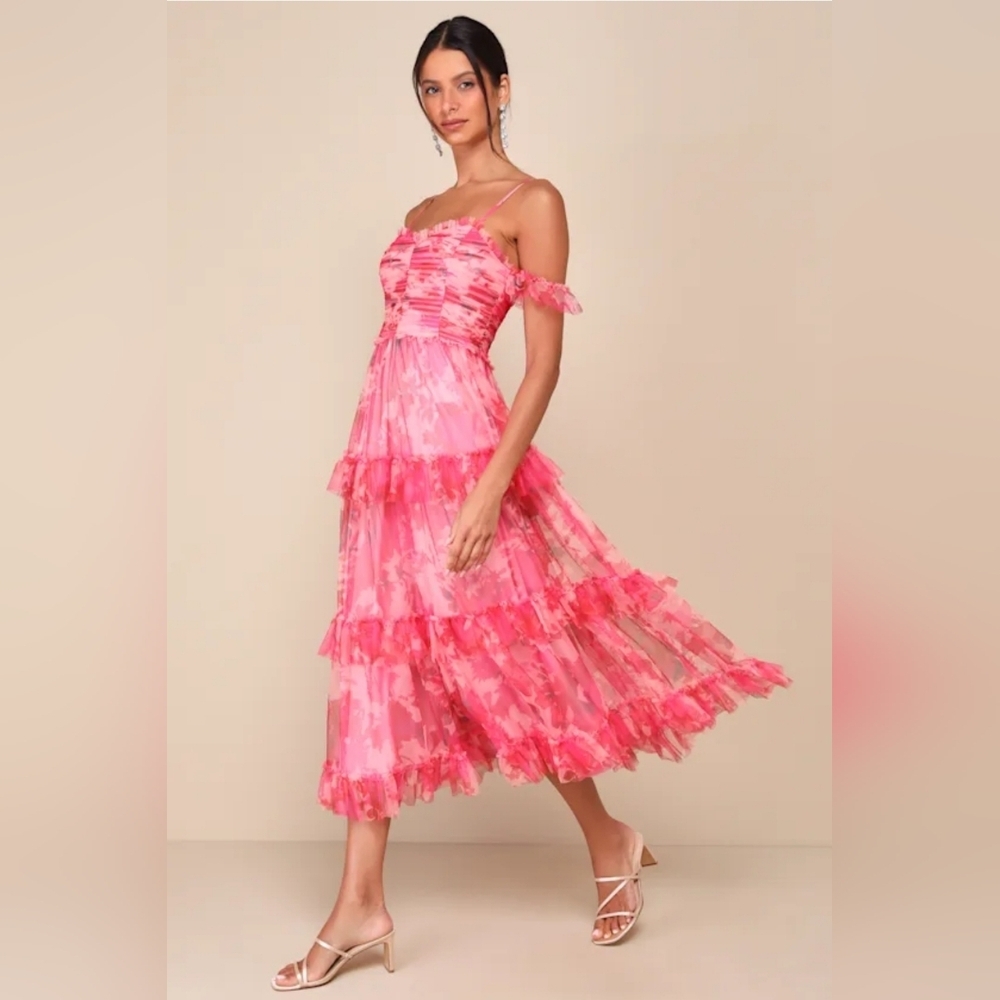 Lulus Exquisite Existence Pink Floral Mesh Pleated‎ Ruffled Midi Dress Size M